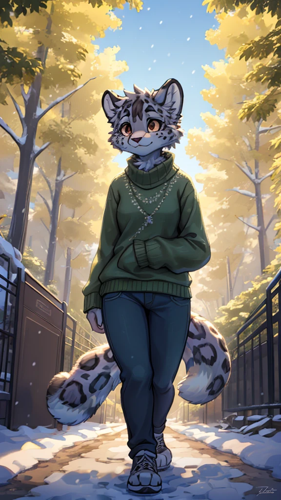 (very detailed illustration: 1.2), best quality, masterpiece, solo, natural lighting, An young anthro female snow leopard with brown eyes, she has snow leopard fur un all her body, she is dressed in a green sweater and dark blue pants, she is in a big bright city, she is in a park where there are trees, she is on a gray gravel road walking.