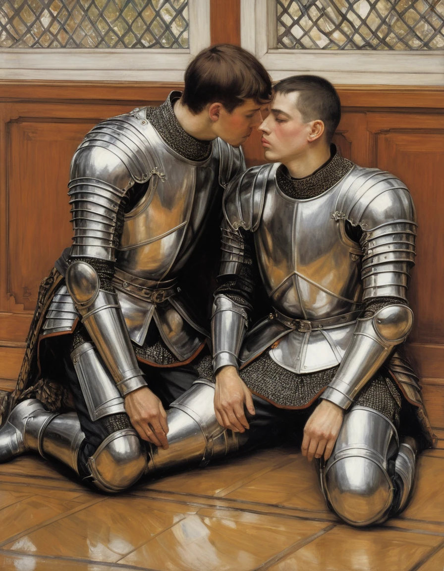 {Masterpiece, best quality, oil painting, male focus}, ((by James Tissot, John William Waterhouse, J. C. Leyendecker)), (((the portrait of 2 male knights, buzzcut, they are lovers comforting each other on the floor. They are tense, bored, sad, frustrated, blushing, sullen)))