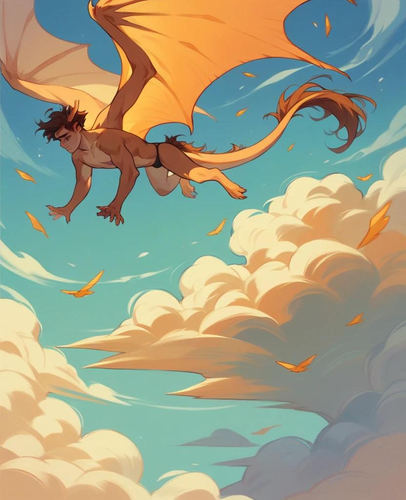 (best qualityer)), ((work of art)), (detailded), A age Man, Gentle boy, with big brown hair flying in the wind, wearing only a black thong with lots of body hair, sitting on a golden dragon,