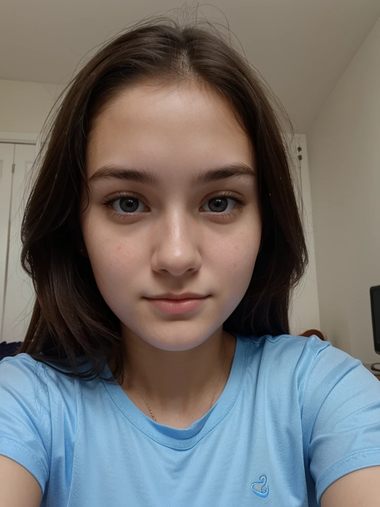 Selfie, Ultrarealistic, 17 year old teen girl, pretty face, white skin, dark brown hair, wearing a blue tshirt, upper body, (selfy with front camera), in bedroom