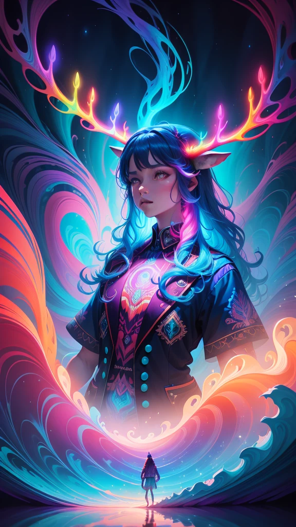 (Psychedelic painting of wolf standing in front of colorful whirlpools), ((Multi-sewn large antlers, stag, Big head)), Light and shadow, Waves, Multi-layered, foreground, Distant view, fractal thunder dan mumford, Dan Mount Ford and Alex Gray style, psychedelic surreal art, surreal psychedelic design, Fantasy art style, Illusion psychedelic art, Infinite psychedelic waves, Inspired by Cyril Rolando, True corrugated structure, Psychedelic art style, trippy art, psychedelic illustrations,Bio-luminescence, vibrant, Colourful, Color, (Glowing, Glow), (Beautiful composition), Cinematic lighting, Intricate, (Symmetrical:0.5), Whimsical,