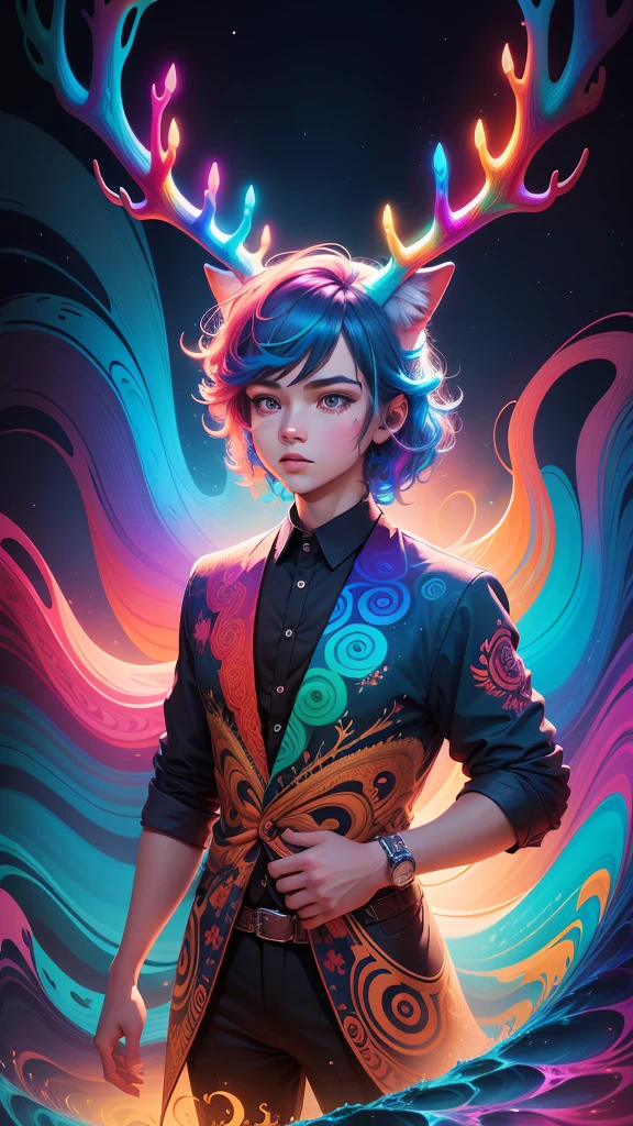 (Psychedelic painting of wolf standing in front of colorful whirlpools), ((Multi-sewn large antlers, stag, Big head)), Light and shadow, Waves, Multi-layered, foreground, Distant view, fractal thunder dan mumford, Dan Mount Ford and Alex Gray style, psychedelic surreal art, surreal psychedelic design, Fantasy art style, Illusion psychedelic art, Infinite psychedelic waves, Inspired by Cyril Rolando, True corrugated structure, Psychedelic art style, trippy art, psychedelic illustrations,Bio-luminescence, vibrant, Colourful, Color, (Glowing, Glow), (Beautiful composition), Cinematic lighting, Intricate, (Symmetrical:0.5), Whimsical,