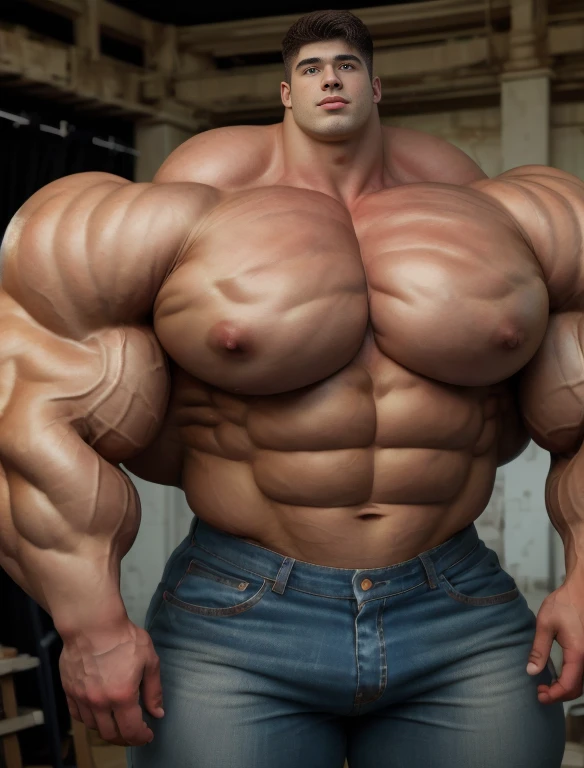 1boy, giant, giant bodybuilder, stand, illuminating light, strong body, bulk, large size, staring, standing, in the whiet photo studio, ivory singlet and jeans pants, prominent bulge, extraordinary big, brutalmass, giant, muscular body, bulk, buff, massive body, large meaty body size, extremely wide body