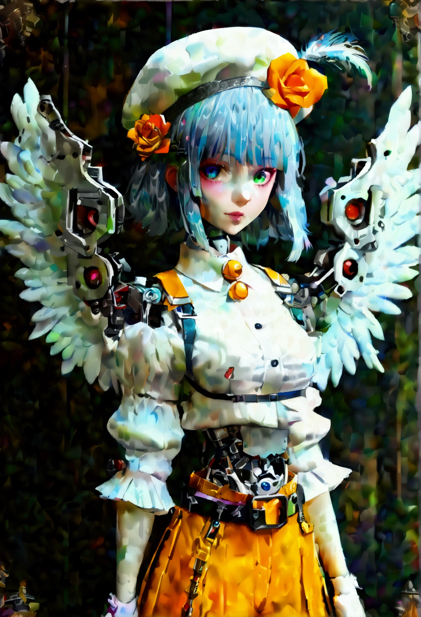 woman 165cm tall, (whole body: 1.5), slim build, , charming look, ((heterocromia: ojo right naranja y ojo izquierdo violeta)), (Shoulder Length Wavy Gray Hair, short braid on the left side of the hair: 1.2, big open bangs, largo flequillo en el lado izquierdo y right del cabello sobre las mejillas , golden gear hairpin on the left side of the hair), (((complex mechanical legs up to the hip, The legs are black with gray parts and small pink details))), (((complex mechanical arms up to the elbows, The arms are black with gray parts and small pink details))), ((complex white mechanical angel wings with pastel green parts)), (elegant black French beret, orange rose ribbon on the beret: 1.2), (stylish white short sleeve button down shirt, dark brown shorts with straps from the waist, elegant black belt, small rose brooch on shirt collar, beautiful mechanical stilettos), (((full body character design sheet: vista 3/4))), ((Pastel yellow background)), extremely detailed hair, beautiful detailed clothing, extremely detailed arms, extremely detailed face, (Extremely detailed hands), perfect hands, beautiful detailed eyes, beautiful detailed lips, adorable, extremely detailed legs, (Best Quality, 8k, ultra resolution), ultra detailed, Exquisite and epic character art, (Focus on symmetry), (extremely detailed wings), (body position: standing, right, symmetrical), looking at the viewer, small face.