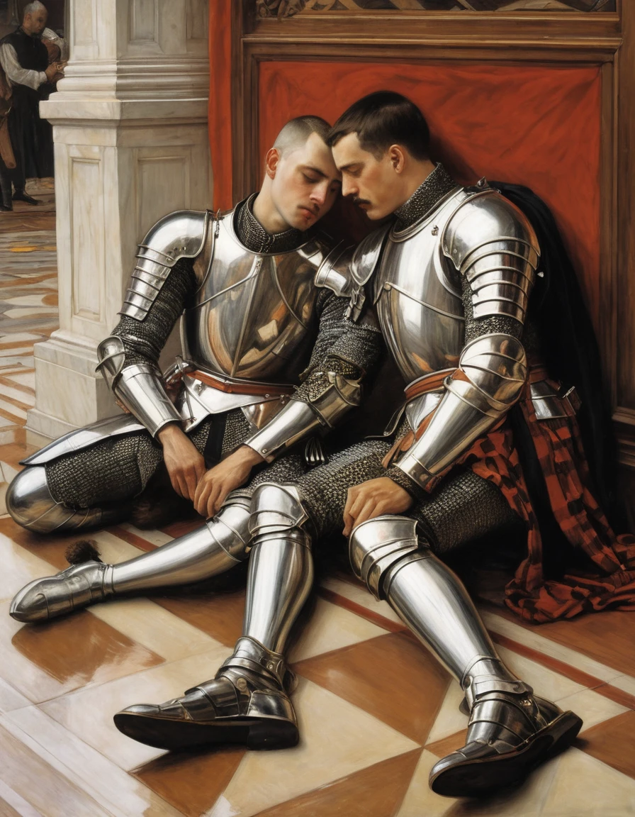 {Masterpiece, best quality, oil painting, male focus}, ((by James Tissot, John William Waterhouse, J. C. Leyendecker)), (((the portrait of 2 male knights, buzzcut, they are lovers comforting each other on the floor. They are tense, bored, sad, frustrated, blushing, sullen)))