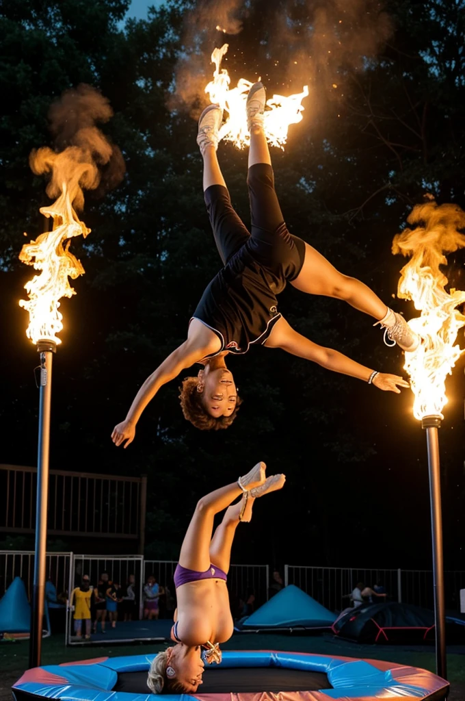A old lady doing a backflip on a trampoline while kids are burning her alive with a 5 foot torch that weighs 1000 pounds