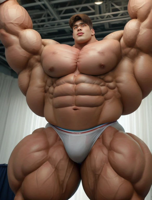 1boy, chinese, giant bodybuilder, stand, illuminating light, strong body, bulk, large size, staring, standing, armpit, in the white photo studio, nude, white triangular underwear, prominent bulge, extraordinary big, brutalmass, giant, muscular body, bulk, buff, massive body, large meaty body size, extremely wide body