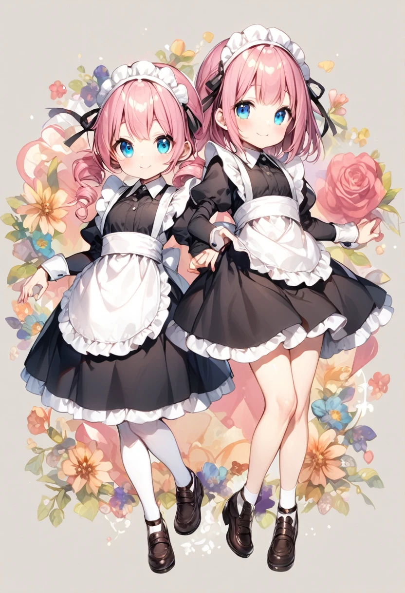 Maid、Headband、smile、whole body、Girl with pink hair、blue eyes、Twin Drill