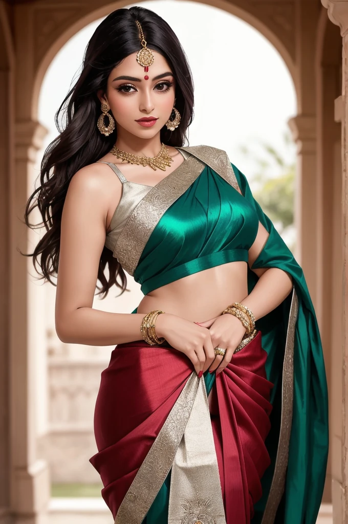 The image features a woman exuding elegance in a traditional Indian saree. Her attire is a rich golden with black embroidery color with a smooth, satin-like finish. The saree, draped gracefully, accentuates her figure, with meticulously arranged pleats at her waist. Her sleeveless blouse fits closely, enhancing the overall look. Her long, dark hair flows in soft waves over her shoulders, adding a touch of softness to her appearance. The accessories she wears are striking: large, intricately designed silver earrings and several chunky silver bracelets that adorn her wrists, adding a bold contrast to her ensemble. A small bindi on her forehead completes her traditional look, highlighting her cultural grace. Her left hand is positioned on her waist, with fingers gently resting, showcasing confidence and poise. This subtle yet powerful pose enhances the elegance of her overall demeanor. In the background, lush green foliage contrasts beautifully with her maroon saree, creating a vibrant and aesthetically pleasing scene. The setting highlights her poised and graceful presence, making her the focal point of the image.