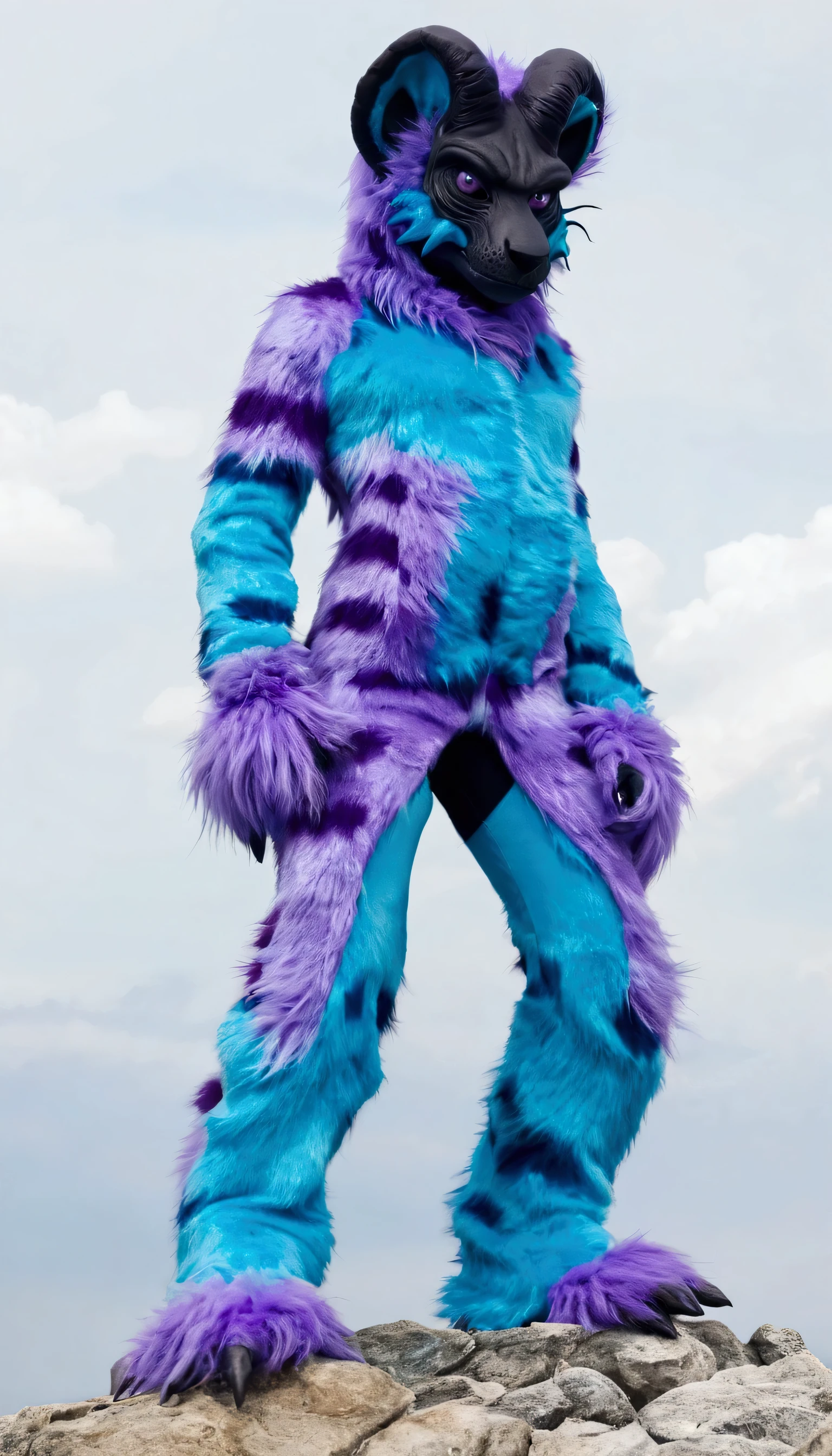 a close-up of a person in a furry costume on a rock, blue and purple fur, Fursuit, Full body with costume, furry character, Full body mascot, furry body, Fursuit!!!!, furry friendly monster, generic furry style, Dream Creature Costumes, the furry Fursuit is running, anthropomorphic character, Full body art, fantastic non-human character, purple alien