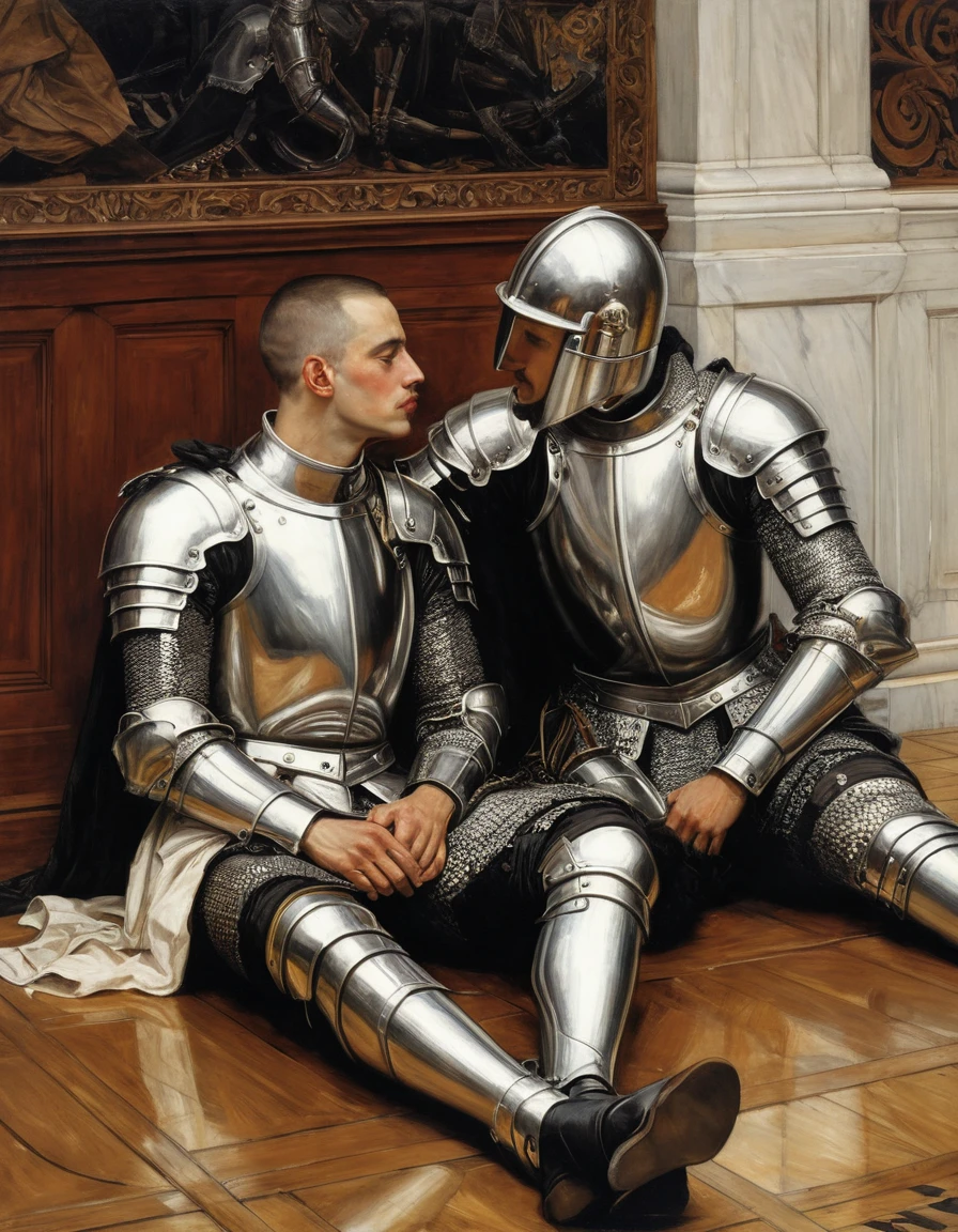 {Masterpiece, best quality, oil painting, male focus}, ((by James Tissot, John William Waterhouse, J. C. Leyendecker)), (((the portrait of 2 male knights, buzzcut, they are lovers, comforting each other on the floor. They are tense, bored, sad, frustrated, blushing, sullen)))