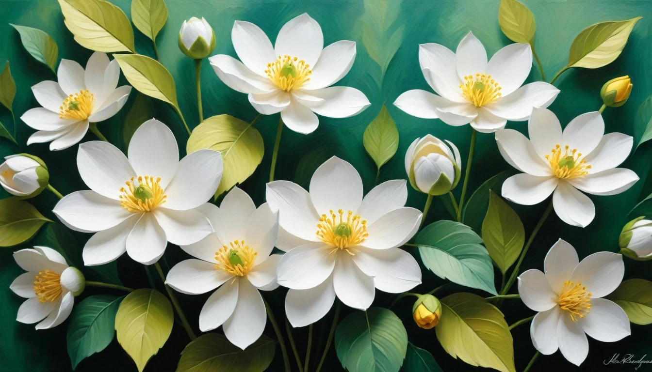 White flowers with yellow buds against a lush green background, crafted in layered paper art. The artwork captures the essence of blooming flowers, each petal meticulously detailed. The oil painting-like relief enhances the texture, creating a sense of depth and realism. Surrounding the central blooms, a variety of other flowers in different stages of bloom add to the intricate beauty. The entire composition, from the delicate paper layers to the vibrant colors, is a testament to fine art, showcasing precise and intricate details. The green background complements the white petals and yellow buds, making the flowers stand out in their full glory. The scene is a harmonious blend of nature and artistry, celebrating the beauty of flowers in a unique and captivating way.