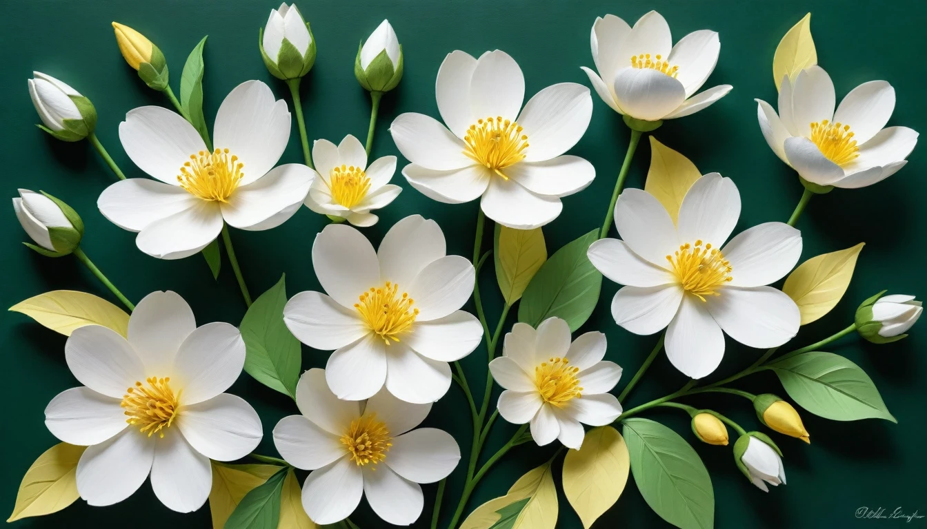 White flowers with yellow buds against a lush green background, crafted in layered paper art. The artwork captures the essence of blooming flowers, each petal meticulously detailed. The oil painting-like relief enhances the texture, creating a sense of depth and realism. Surrounding the central blooms, a variety of other flowers in different stages of bloom add to the intricate beauty. The entire composition, from the delicate paper layers to the vibrant colors, is a testament to fine art, showcasing precise and intricate details. The green background complements the white petals and yellow buds, making the flowers stand out in their full glory. The scene is a harmonious blend of nature and artistry, celebrating the beauty of flowers in a unique and captivating way.