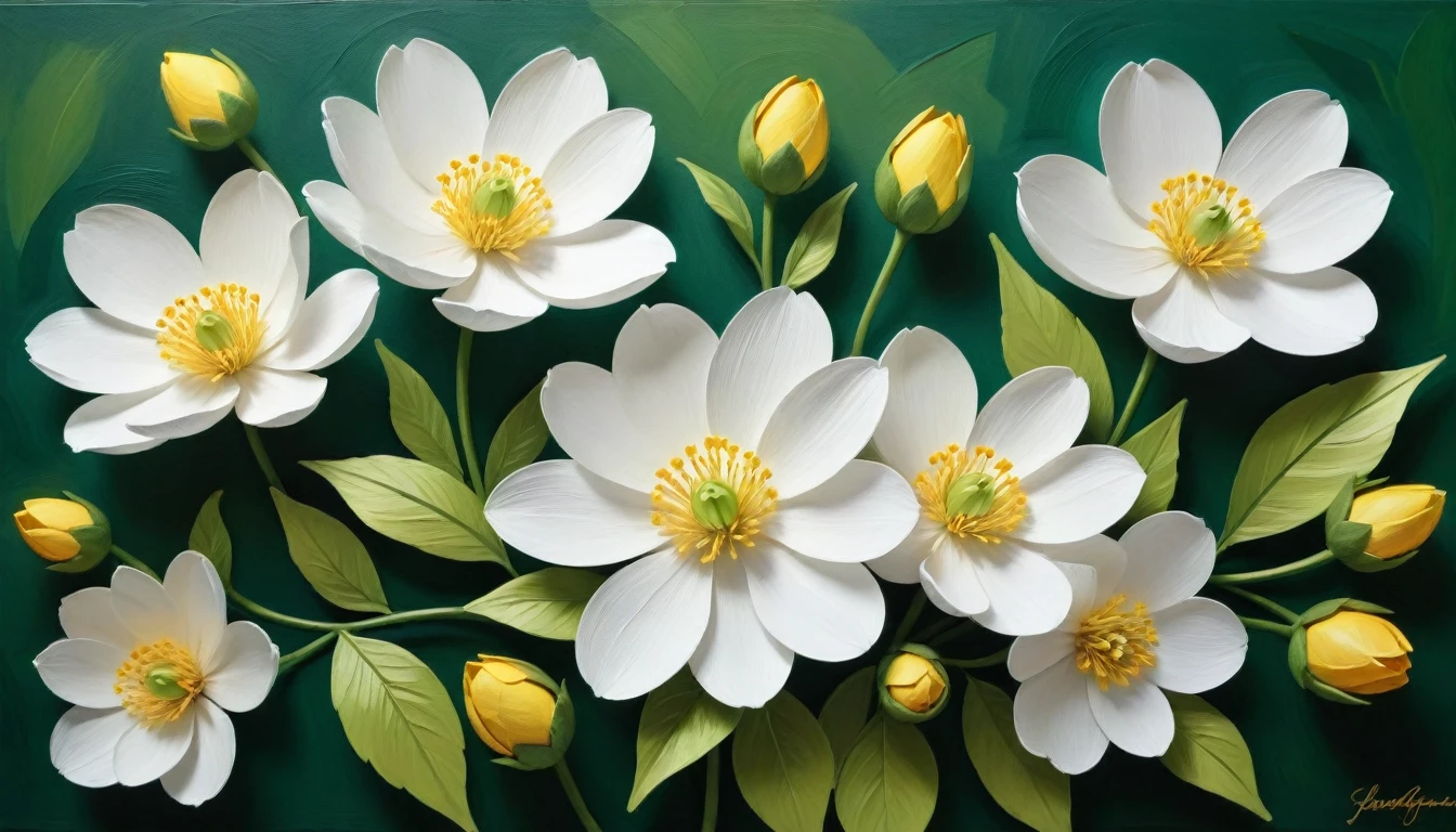 White flowers with yellow buds against a lush green background, crafted in layered paper art. The artwork captures the essence of blooming flowers, each petal meticulously detailed. The oil painting-like relief enhances the texture, creating a sense of depth and realism. Surrounding the central blooms, a variety of other flowers in different stages of bloom add to the intricate beauty. The entire composition, from the delicate paper layers to the vibrant colors, is a testament to fine art, showcasing precise and intricate details. The green background complements the white petals and yellow buds, making the flowers stand out in their full glory. The scene is a harmonious blend of nature and artistry, celebrating the beauty of flowers in a unique and captivating way.