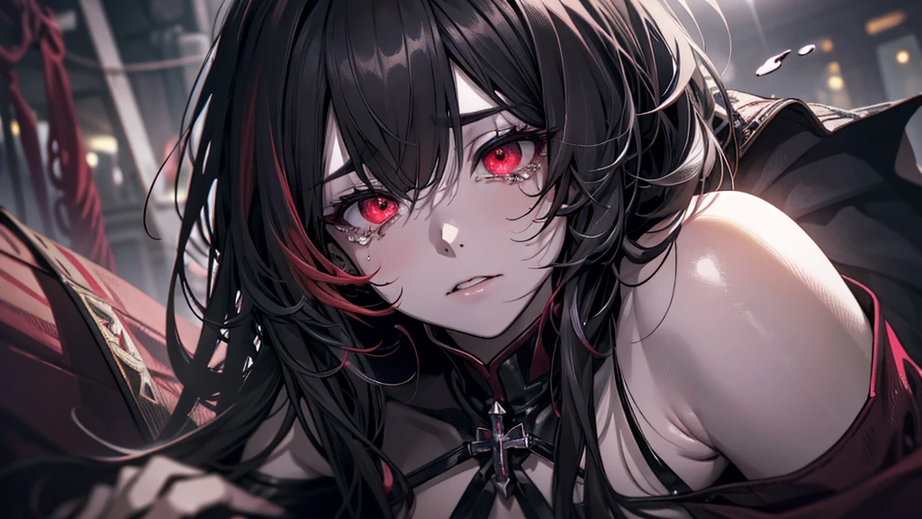 Tears of blood from the eyes、dead body、Blood everywhere、blood splashing、dark hue、Red hue、Cross-eyed、Stranger、View other people、Ahegao , Silly,Sexual ecstasy,Drunken eyes,Blunt bangs, Black hair, (finely detailed beautiful eye: 1.2), (Detailed background,Dark Fantasy), (beautifull detailed face), High contrast, (Best Illumination, extremely delicate and beautiful), ((Cinematic Light)), Colorful, Hyper Detail, Dramatic light,