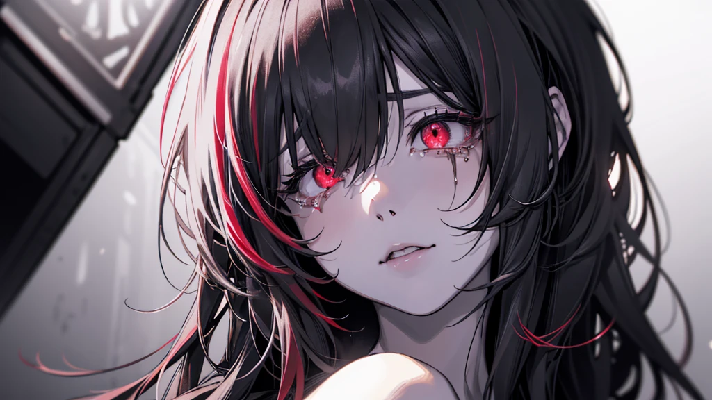 a close up of a person with long hair, blood splatter background, character album cover, hanayamata, gapmoe yandere grimdark, killer - girl, blood splatter, chiaroscuro anime key visual, portrait gapmoe yandere grimdark, nico tanigawa, hauntingly beautiful zombie, beautiful zombie, a-channel