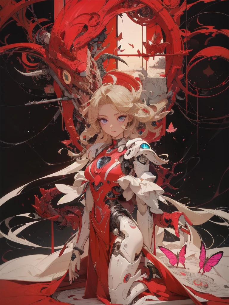 A highly detailed, photorealistic cyborg anime girl with wavy platinum blonde hair, magenta-pink cybernetic butterfly wings, and a transparent fuselage armor. She has beautiful, expressive eyes with detailed irises, long eyelashes, and delicate facial features. The skin is beautifully rendered with a sense of transparency. Her fingers and nails are perfectly detailed, and the anatomy is perfectly balanced. The overall image has a high level of visual storytelling, with intricate decorations and dense details throughout. The color coordination is accurate, with precise simulation of light and material interactions. This is a high-quality, high-resolution artwork with the finest level of detail.