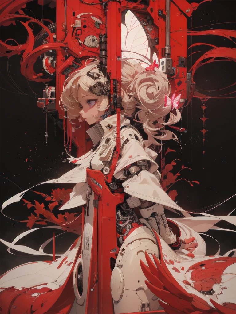 A highly detailed, photorealistic cyborg anime girl with wavy platinum blonde hair, magenta-pink cybernetic butterfly wings, and a transparent fuselage armor. She has beautiful, expressive eyes with detailed irises, long eyelashes, and delicate facial features. The skin is beautifully rendered with a sense of transparency. Her fingers and nails are perfectly detailed, and the anatomy is perfectly balanced. The overall image has a high level of visual storytelling, with intricate decorations and dense details throughout. The color coordination is accurate, with precise simulation of light and material interactions. This is a high-quality, high-resolution artwork with the finest level of detail.