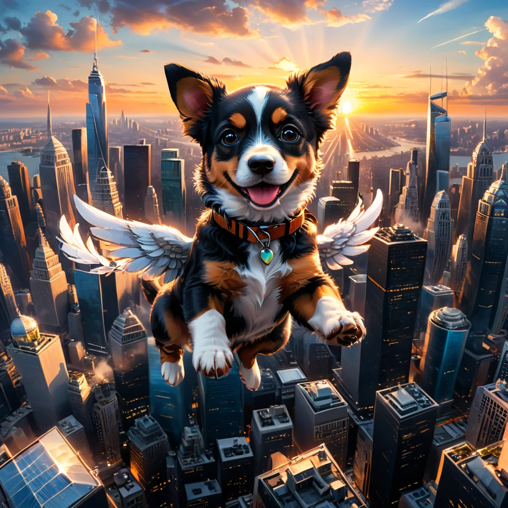 a flying puppy above skycrapers,wings at center,perfect ,sunset,(8k,masterpiece,best quality,professional,Perfect composition,very aesthetic,Extremely detailed,Intricate details:1.3)