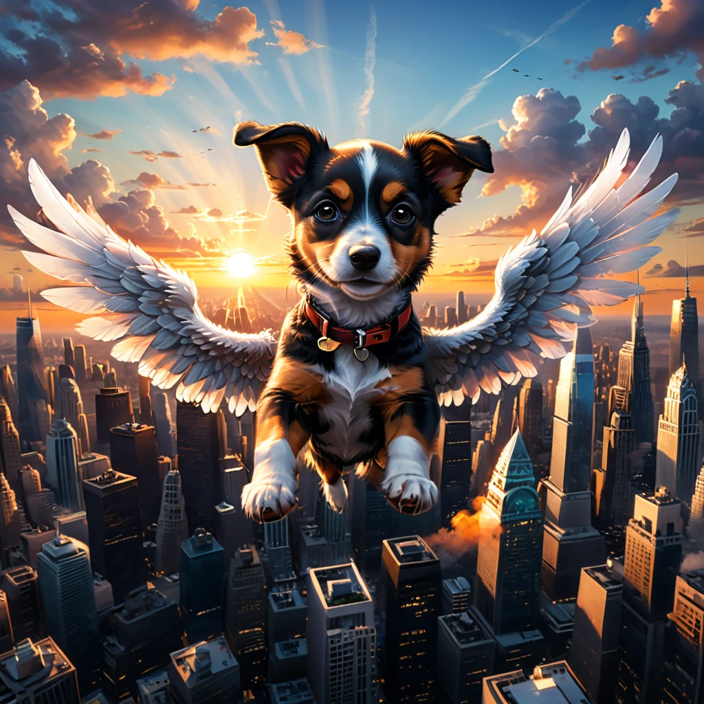 a flying puppy above skycrapers,wings at center,perfect ,sunset,(8k,masterpiece,best quality,professional,Perfect composition,very aesthetic,Extremely detailed,Intricate details:1.3)