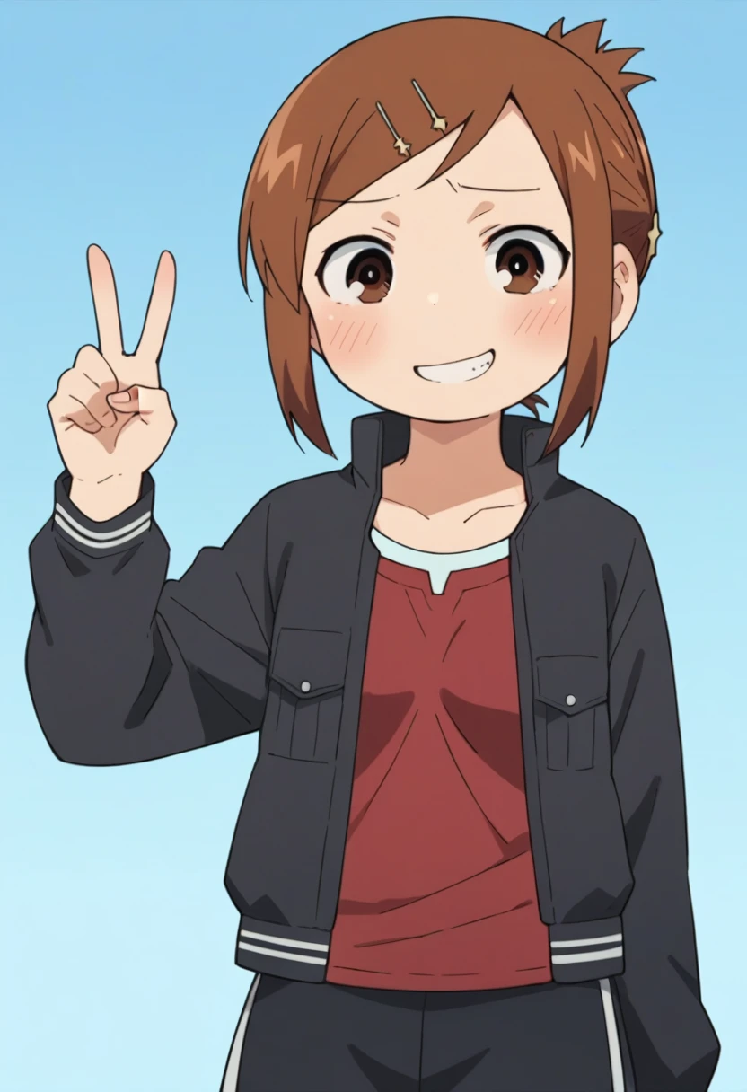 score_9, score_8_up, score_8, source_anime, 1girl, solo, brown eyes, brown hair, hair ornament, hairclip, short hair, black jacket, red shirt, black skirt, embarrassed, smile, from front, v sign,
simple background, light blue background,