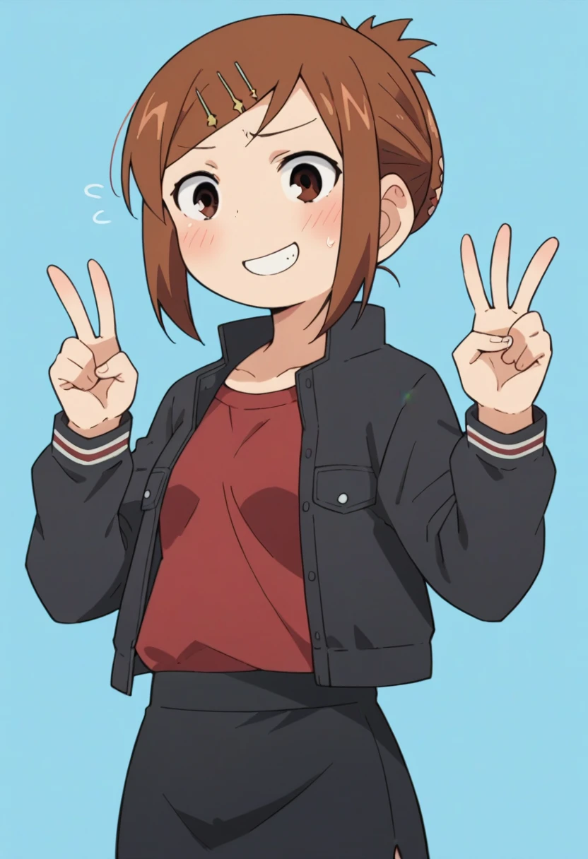 score_9, score_8_up, score_8, source_anime, 1girl, solo, brown eyes, brown hair, hair ornament, hairclip, short hair, black jacket, red shirt, black skirt, embarrassed, smile, from front, v sign,
simple background, light blue background,