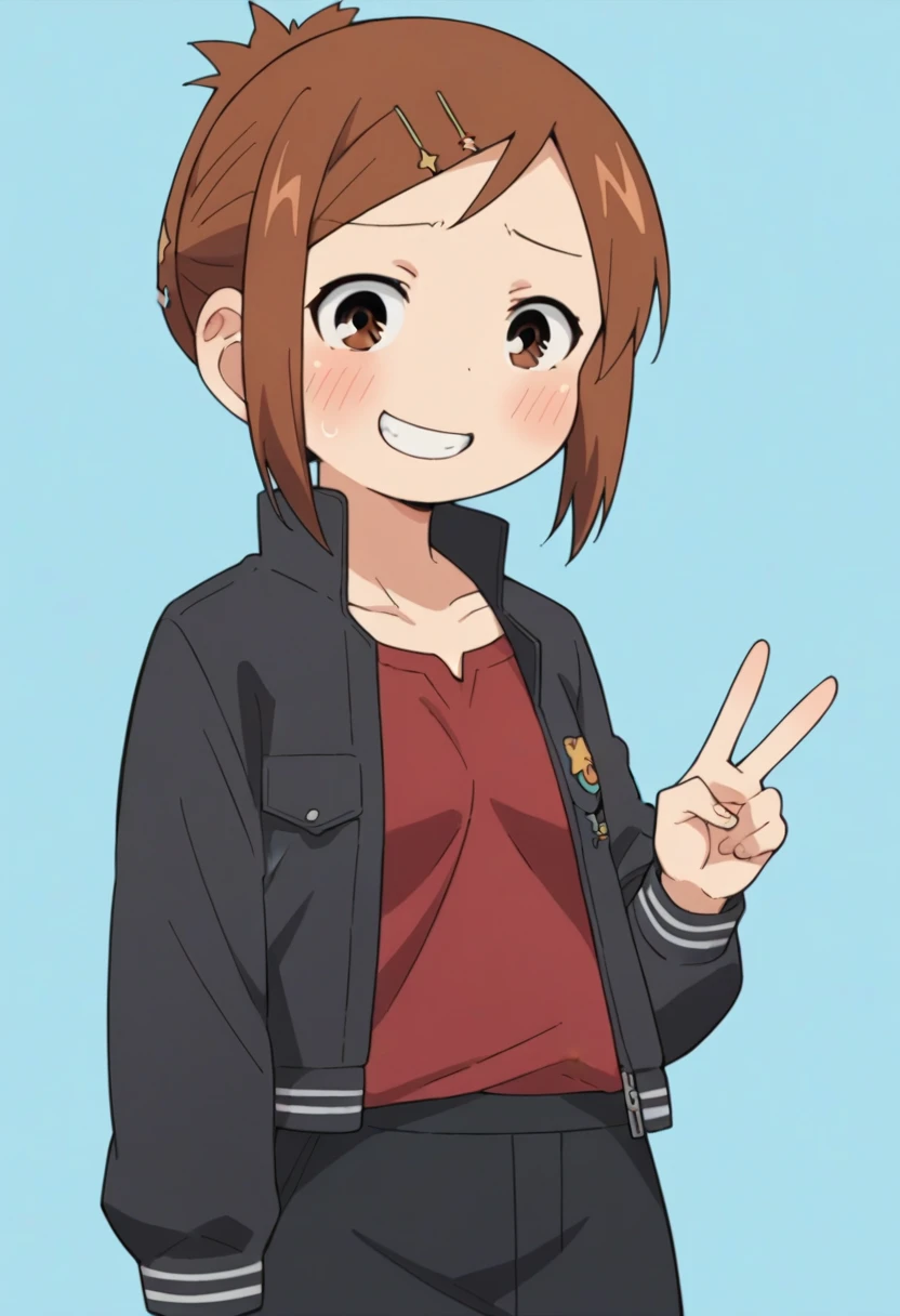 score_9, score_8_up, score_8, source_anime, 1girl, solo, brown eyes, brown hair, hair ornament, hairclip, short hair, black jacket, red shirt, black skirt, embarrassed, smile, from front, v sign,
simple background, light blue background,