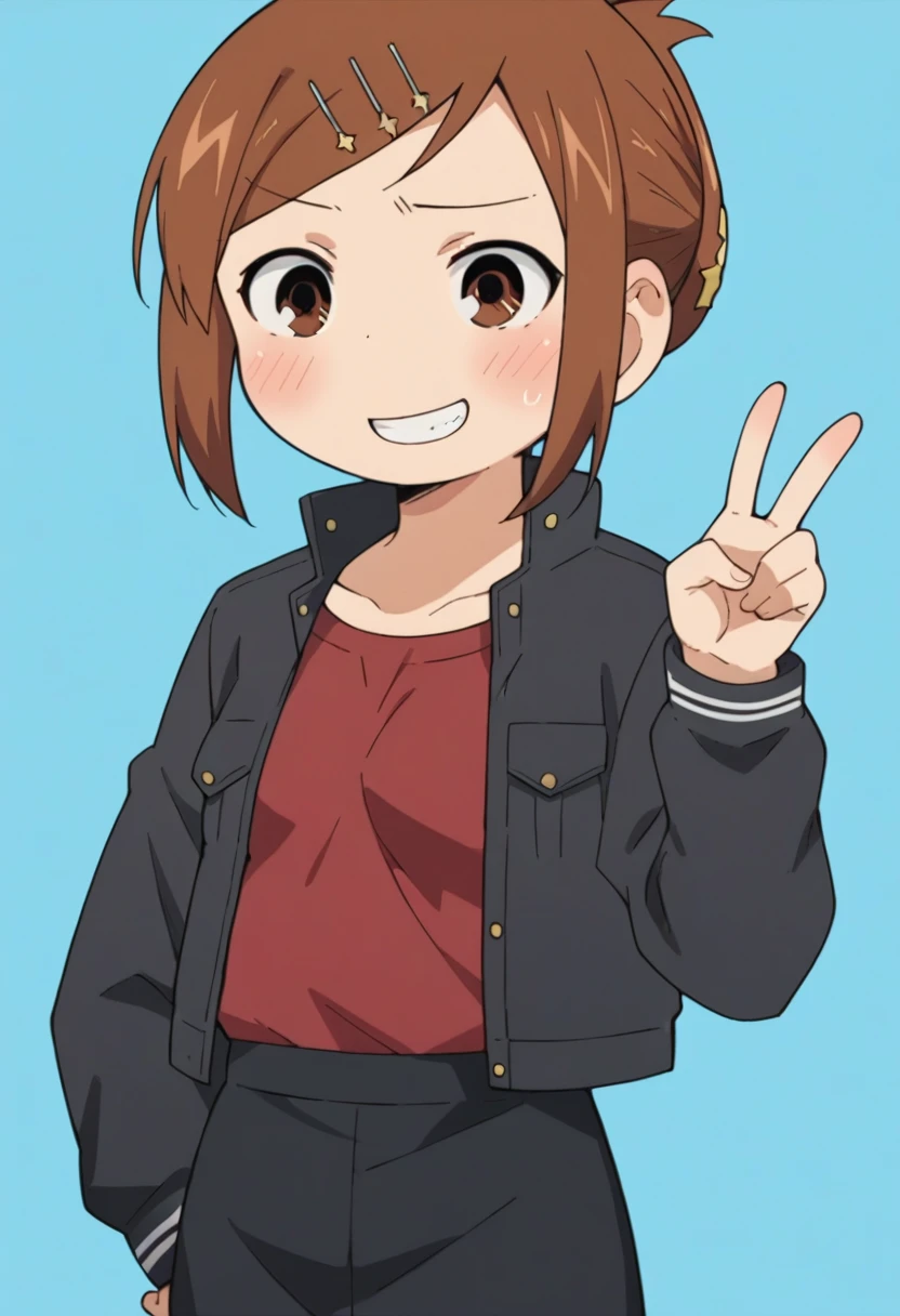 score_9, score_8_up, score_8, source_anime, 1girl, solo, brown eyes, brown hair, hair ornament, hairclip, short hair, black jacket, red shirt, black skirt, embarrassed, smile, from front, v sign,
simple background, light blue background,