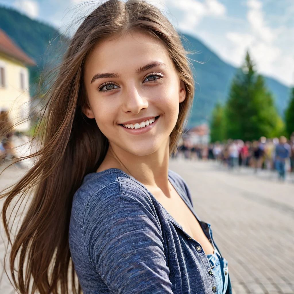 Extreme Beautiful woman from austria, realistic eyes, hyperrealistic face, slim face, long brown hair, 16 years old, model posing, special camera angle, sexy clothes, smiling, medium breasts, outside