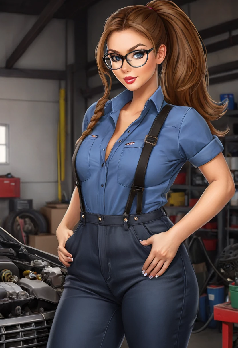  brown hair, ponytail, , huge breasts, cleavage, sexy mechanic, in a garage, (perfect hands:1.1)  (extreme far shot, full body, zoomed out:1.1) topless nude  just wear  black suspender with jumpsuit with blue jeans also wear round glasses black 