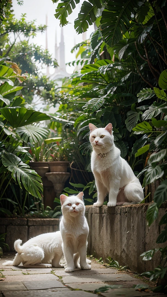 Beautifull white Dogs and white cat living in the bright jungle