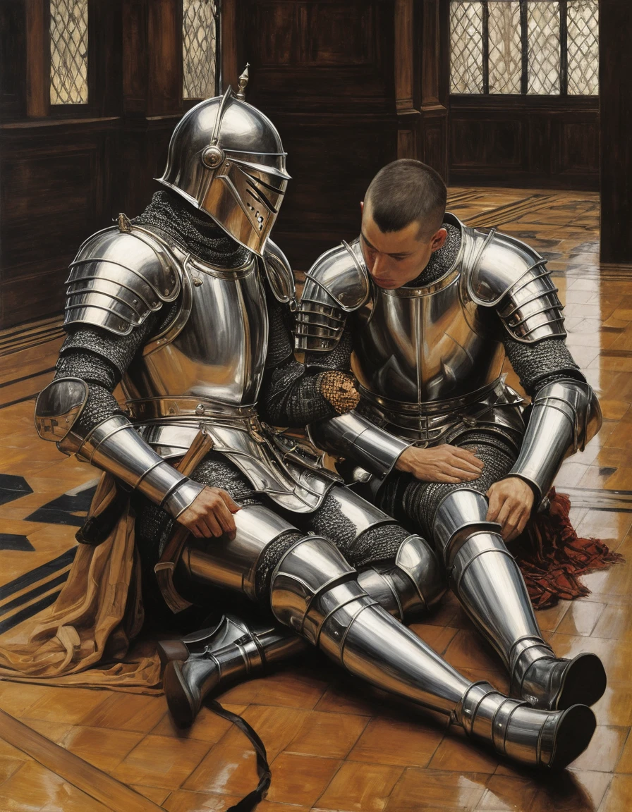 {Masterpiece, best quality, oil painting, male focus}, ((by James Tissot, John William Waterhouse, J. C. Leyendecker)), (((the portrait of 2 male knights, buzzcut, they are lovers, comforting each other on the floor. They are tense, bored, sad, frustrated, blushing, sullen)))