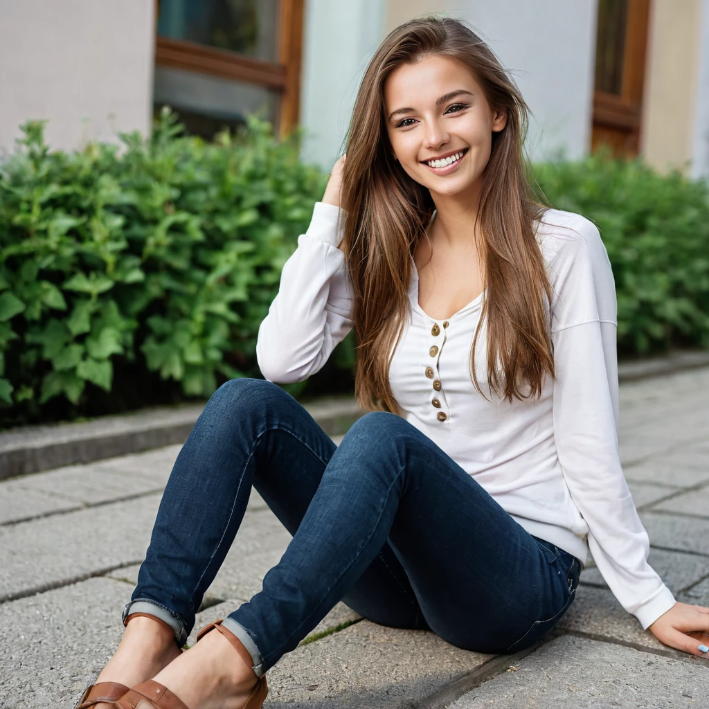 Extreme Beautiful woman from austria, realistic eyes, hyperrealistic face, slim face, long brown hair, 25 years old, sitting, feet, model posing, special camera angle, sexy clothes, smiling, medium breasts, outside