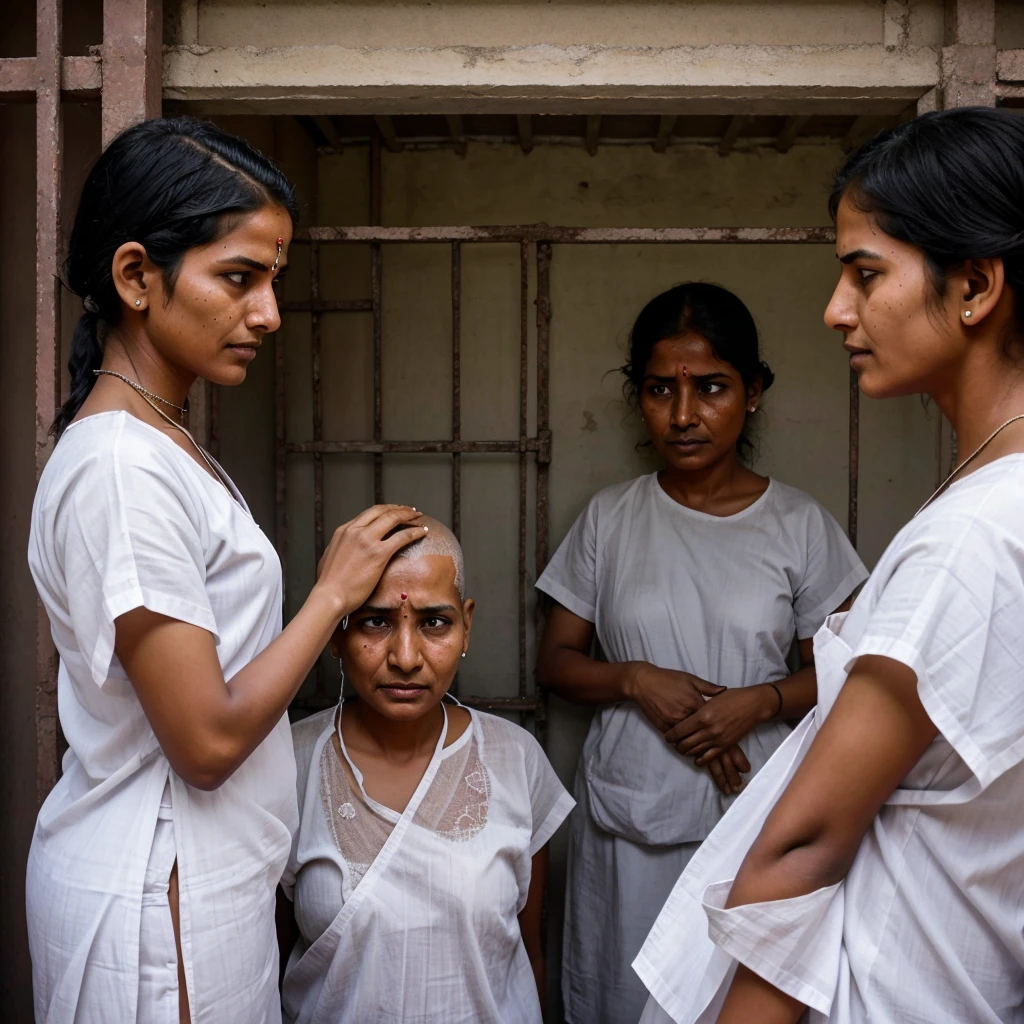 The Indian woman's prisoners, are crying, after head shaved, and waiting for next punishment, are wearing white sharee as Specific clothing for female prisoners , in side the jail Indian women prisoners, who are punished for being chickens in jail every day. And listening to the ears is a daily task