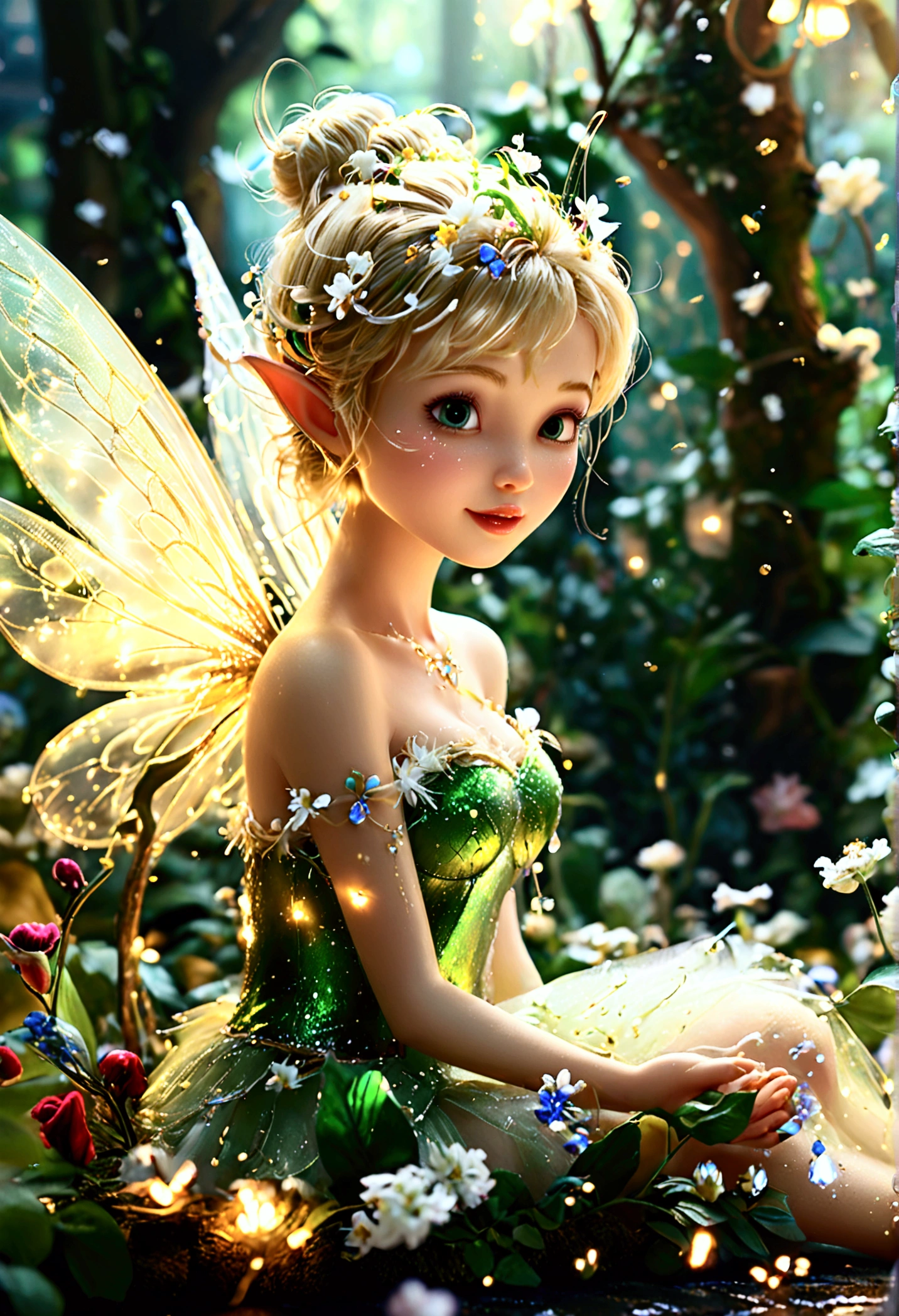 realistic fairy forest_Tinkerbell sitting on a flower petal, Tinkerbell made of gold and white transparent light_delicate features, Translucent luminous body, clear and pale skin , A variety of small flowers and plants made of light, Ultrafine particles shining in the air_Tinkerbell center close-up angle, A mysterious background where small particles of natural light emit light., ultra high resolution, 8k, Very detailed details, Product detailed image, surreal photo, the greatest masterpiece:1.2, Glowing white smoke spreading in the air, aura,