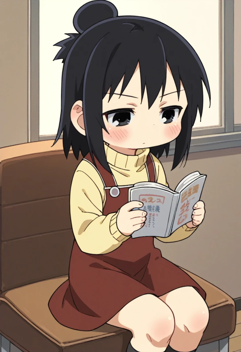score_9, score_8_up, score_8, source_anime, 1girl, solo, chibi, black eyes, black hair, hair bun, yellow sweater, turtleneck, blush, red dress, sitting, reading,
room background, simple background,open legs,spread legs,panties