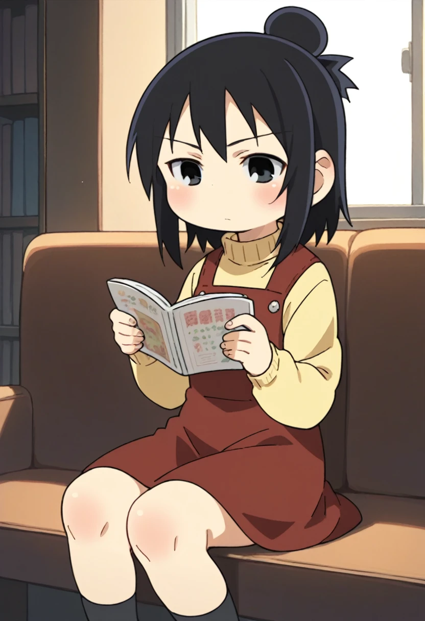 score_9, score_8_up, score_8, source_anime, 1girl, solo, chibi, black eyes, black hair, hair bun, yellow sweater, turtleneck, blush, red dress, sitting, reading, 
room background, simple background,