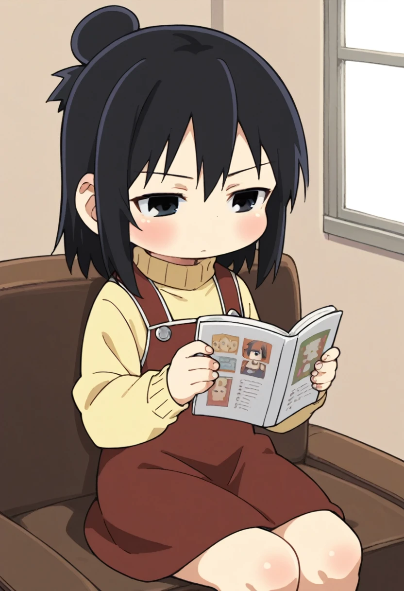 score_9, score_8_up, score_8, source_anime, 1girl, solo, chibi, black eyes, black hair, hair bun, yellow sweater, turtleneck, blush, red dress, sitting, reading, 
room background, simple background,