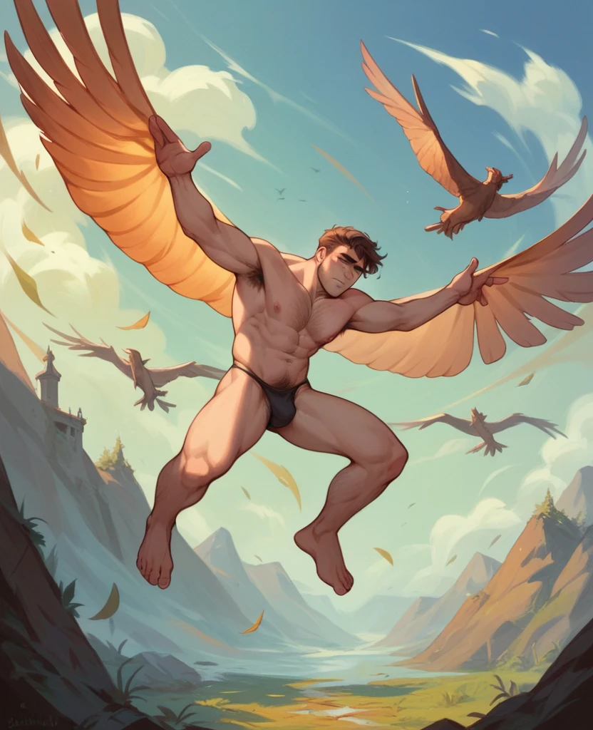 (best qualityer)), ((work of art)), (detailded), A age Man, Gentle boy, with brown hair flying in the wind, wearing only a black thong with lots of body hair, bottom trapped in a dungeon