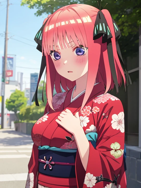 best quality, insanely detailed, nino nakano, kimono, breasts, blush, outdoor background