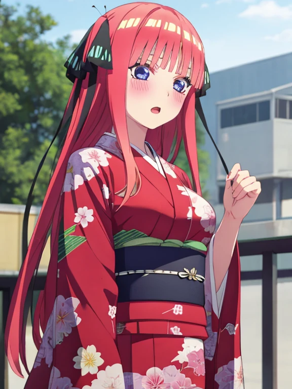 best quality, insanely detailed, nino nakano, kimono, breasts, blush, outdoor background