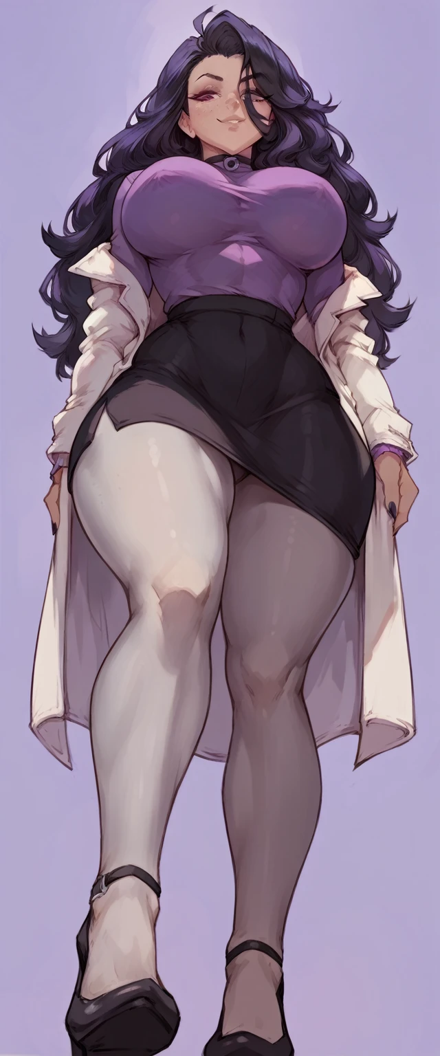 (solo) female , black long fluffy hair, woman (???????????:1.5), attractive, goth, purple shirt, tight black skirt, lab coat, grey pantyhose,   fit body, thicc, freckles, freckles on face, smug eyes, (happy expression), she is standing look to the viewer , violet background, simple background, thick thighs  (front view) high heels (((low angle view)))