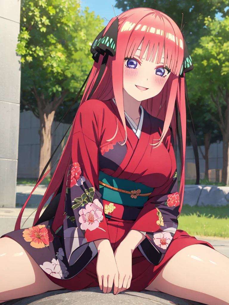 best quality, insanely detailed, nino nakano, kimono, breasts, blush, outdoor background, smile, pussy, spread legs, backstyle