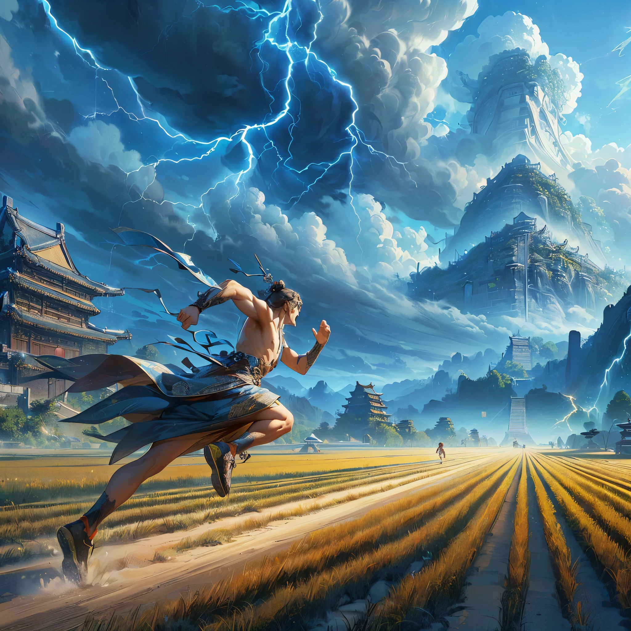 (Best Quality:1.2), (high resolution:1.2), (beautiful face and eye:1.2), (sharpest focus:1.2), (Ultra-realistic Photo:1.2), (Ultra-precise Photo:1.2), (Depth of field:1.2), (perfect :1.2), (nice hands:1.2), (perfect hands:1.2), 
(Man running while leaving lightning bolt on the ground:1.8), (Overweight man in Song dynasty China:1.8), (A man running faster than the wind in a very beautiful sprint with lightning:1.0), 
(A small man running from beyond the horizon:1.5), (A traveling outfit from the Song dynasty in China:1.5), (A beautiful and majestic natural landscape from the Song dynasty in China:1.5), 
(A castle in the distance from the Song dynasty in China:1.0), (Iridescent clouds rising in a clear blue sky:1.0), (Terrific super-perfect perspective:1.0), 