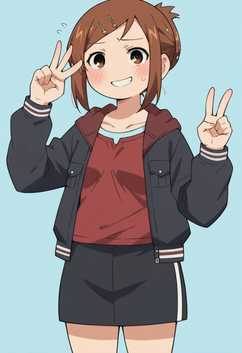 score_9, score_8_up, score_8, source_anime, 1girl, solo, brown eyes, brown hair, hair ornament, hairclip, short hair, black jacket, red shirt, black skirt, embarrassed, smile, from front, v sign,
simple background, light blue background,,miniskirt,socks