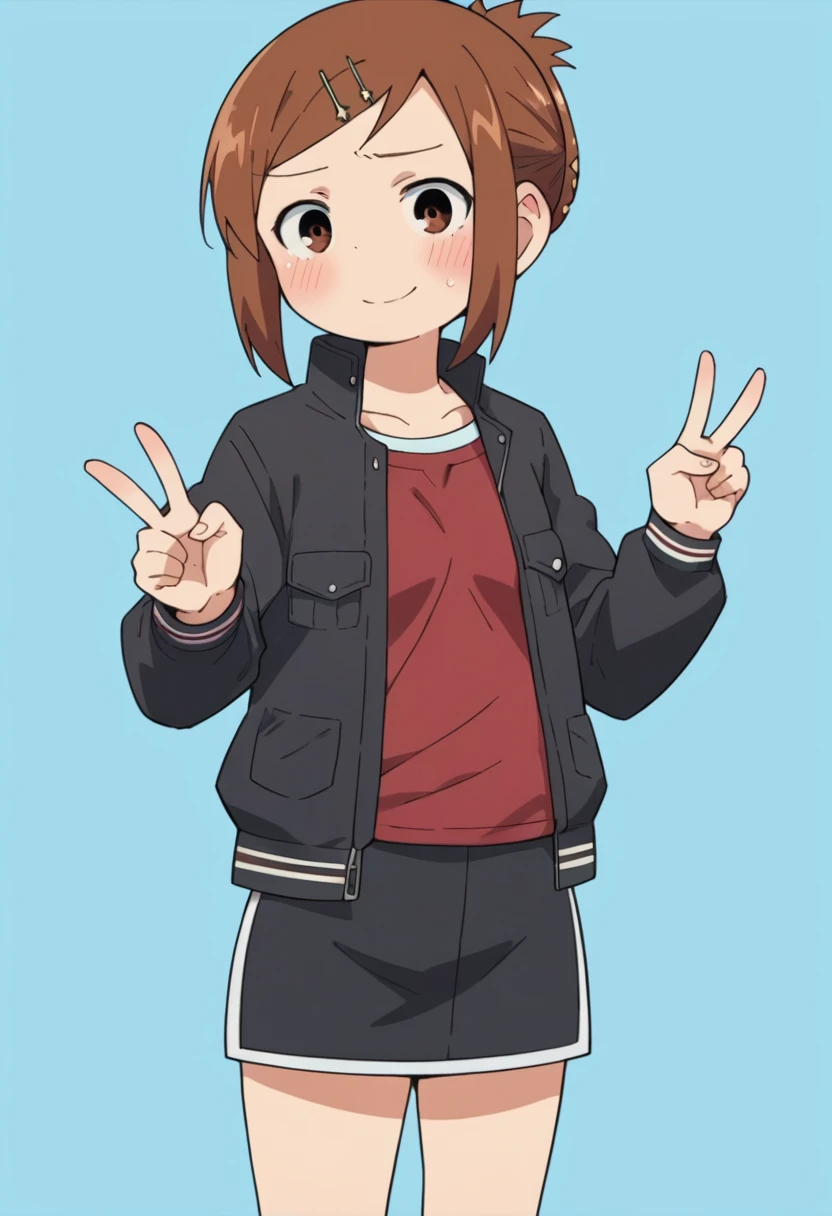 score_9, score_8_up, score_8, source_anime, 1girl, solo, brown eyes, brown hair, hair ornament, hairclip, short hair, black jacket, red shirt, black skirt, embarrassed, smile, from front, v sign,
simple background, light blue background,,miniskirt,socks