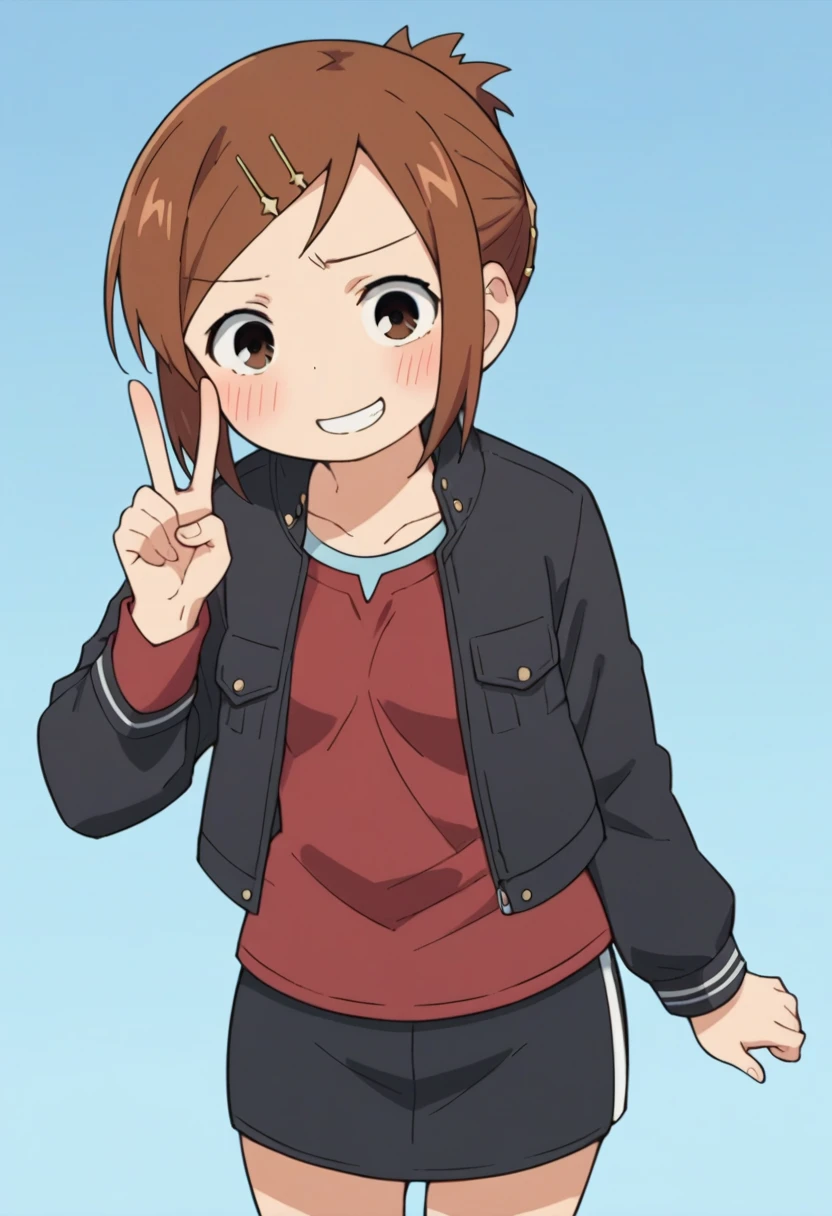 score_9, score_8_up, score_8, source_anime, 1girl, solo, brown eyes, brown hair, hair ornament, hairclip, short hair, black jacket, red shirt, black skirt, embarrassed, smile, from front, v sign,
simple background, light blue background,,miniskirt,socks