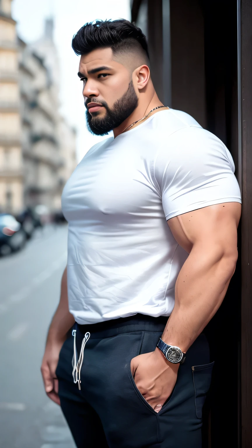 muscular man, bearded, young, young adult, huge, big shoulders, piece, Only, the white shirt with studs open hoodie gold netalica, big arms,, Intricate, elegant, sharp focus, photo by greg rutkowski, vibrant colors, (masterpiece), ((Paris), (detailed face), , brown eyes, bright Eyes, portrait from knees to head, strong and muscular legs, big lump , Profile , latino 30 years old , with applications on the sweatshirt