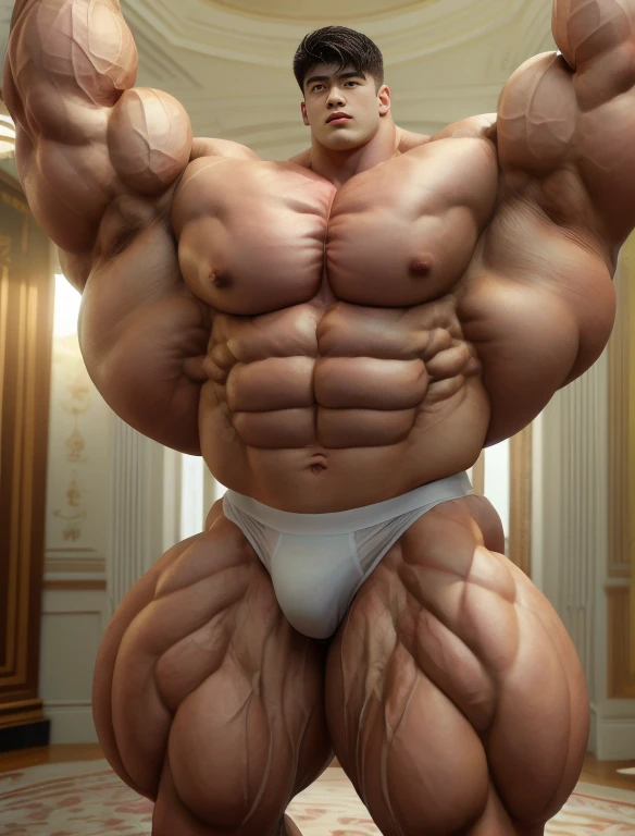 1boy, chinese, giant bodybuilder, stand, illuminating light, strong body, bulk, large size, staring, standing, armpit, in the white decoration room, nude, white triangular underwear, prominent bulge, extraordinary big, brutalmass, giant, muscular body, bulk, buff, massive body, large meaty body size, extremely wide body