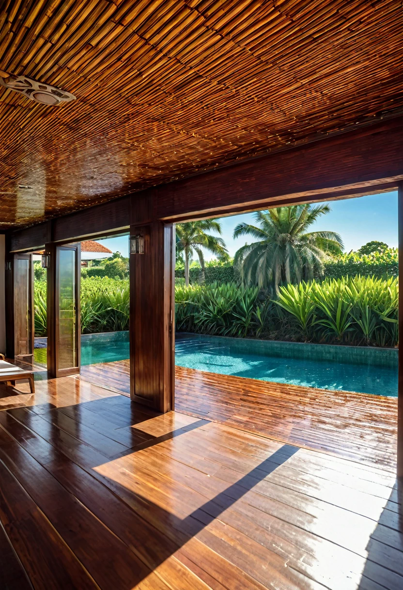 RAW photo, taken with Canon EOS 6D Mark II, wide-angle lens, 35mm lens, HDR, real image, ultra high res.photorealistic::1.5, normal angle, 2,000K temperature, sun angle 60º degrees. Interior architecture in Brazilian tropical style. Internal corridor covered in Tamarind wood, with retractable glass roof. The floor is rustic Moledo Laguna Branca. This hallway overlooks the garden, with well-trimmed grass, lots of palm trees around, open sky, a large square swimming pool, light brown sun loungers, brise soleil wooden sliding door, sea breeze, sand, Outdoor pool, Swimming pool